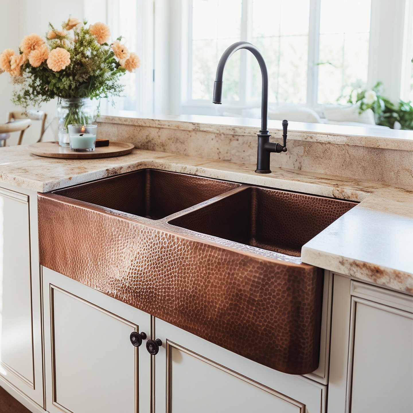 A close-up of a rustic, hammered copper farmhouse (apron-front) double-bowl sink, set against granite countertops and white cabinetry with dark hardware.