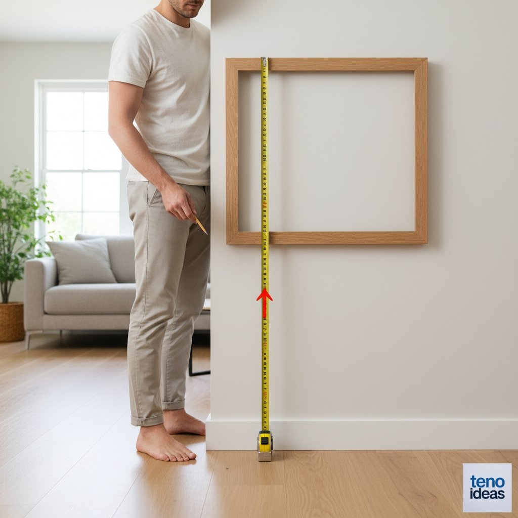 Person holding a picture frame against a wall at eye level, with a measuring tape showing the 57-60 inch height from floor to center