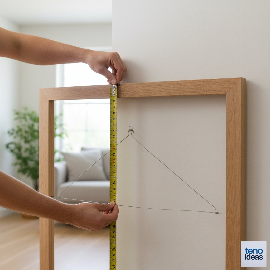 Close-up of hands measuring from the top of a picture frame to the pulled-up hanging wire with a measuring tape