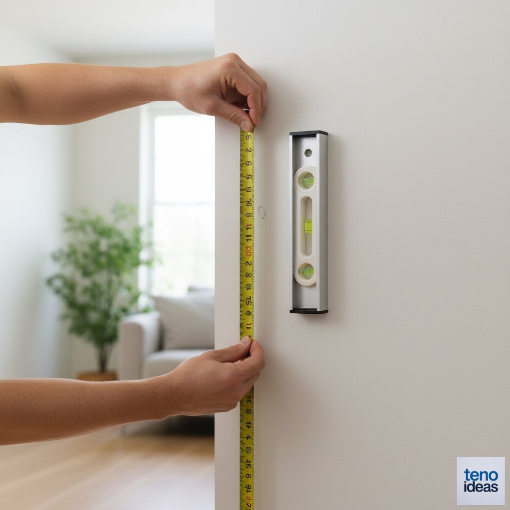 Person using a measuring tape against a wall, marking a small pencil dot at the calculated height with a level nearby