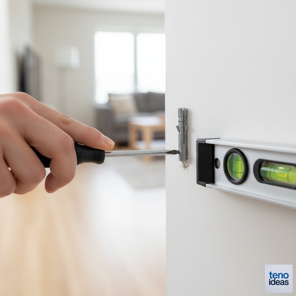 Close-up of a hand using a screwdriver to install a wall anchor, with the pilot hole visible and level nearby