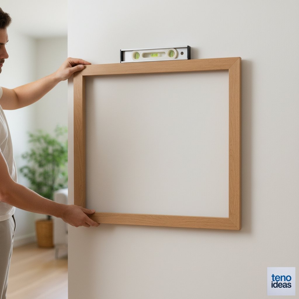 Person carefully hanging a framed picture on a wall hook, with a level tool resting on top of the frame