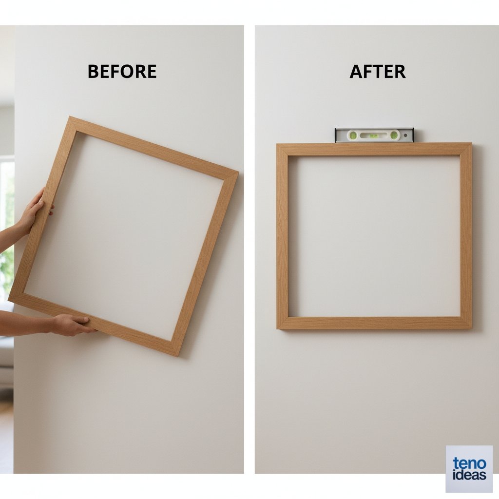 Before and after comparison showing a slightly crooked picture being adjusted to perfectly level