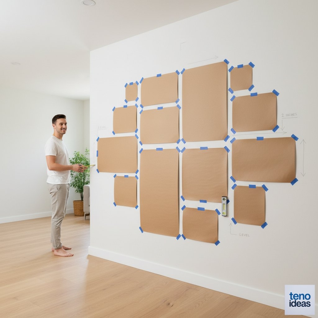 Paper templates taped to a wall showing a planned gallery wall layout with consistent spacing marked