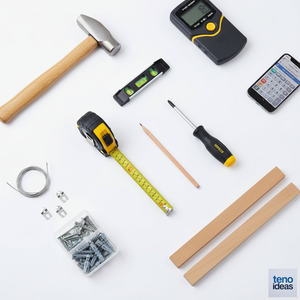 Flat lay photo showing all the tools and hardware listed above arranged neatly on a white surface