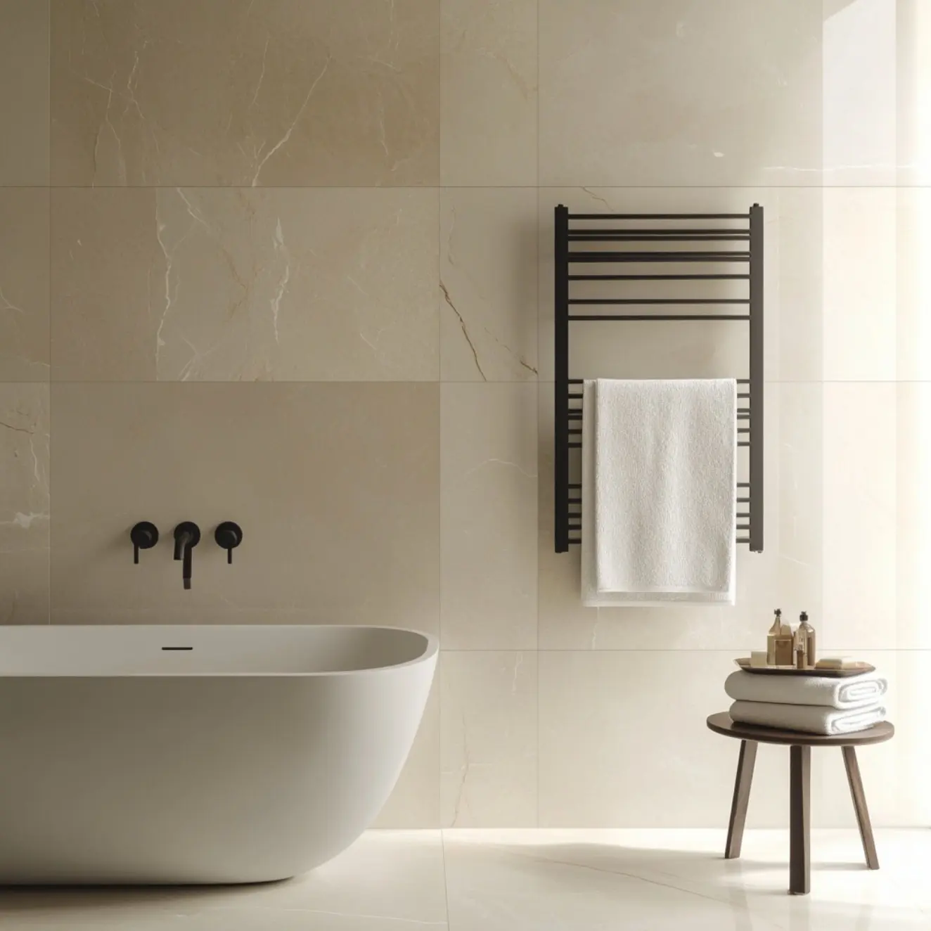 Matte black electric ladder-style towel warmer holding a crisp white towel, mounted on large-format beige marble-look tiles next to a freestanding bathtub.