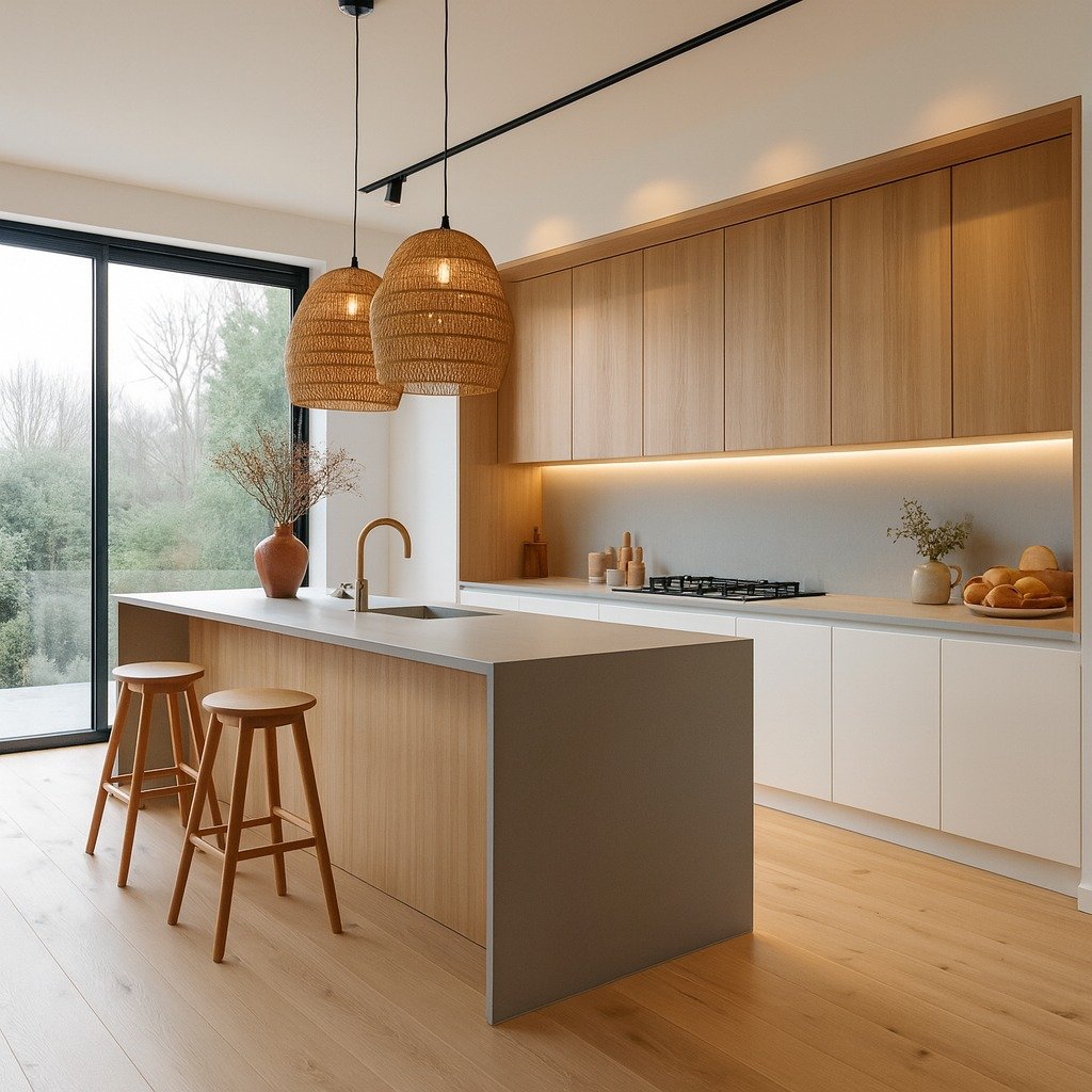 right, modern kitchen featuring light oak wood cabinetry, a waterfall island with a grey countertop, white base cabinets, and woven rattan pendant lamps.