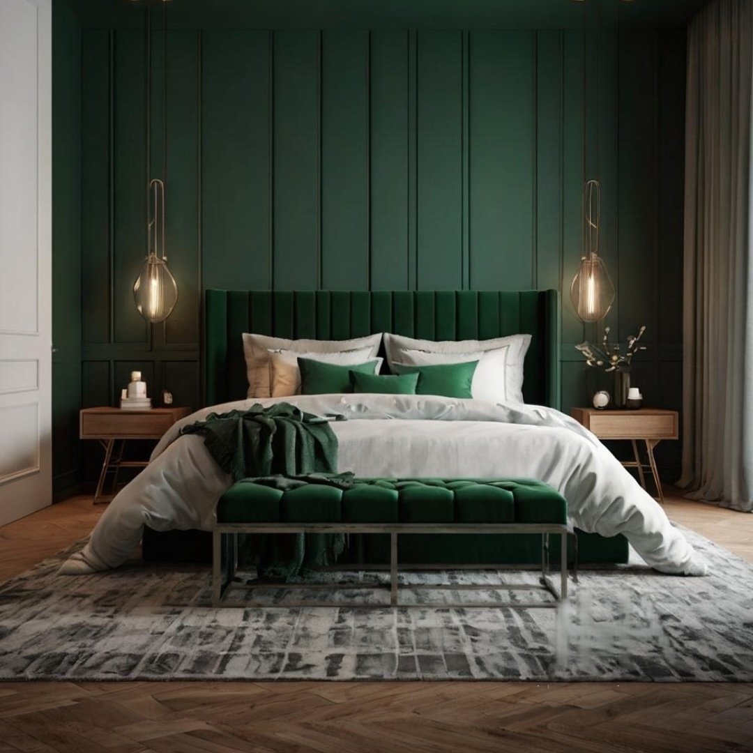 A minimalist bedroom with a dark green accent wall, a grey upholstered bed, and modern black lighting fixtures.