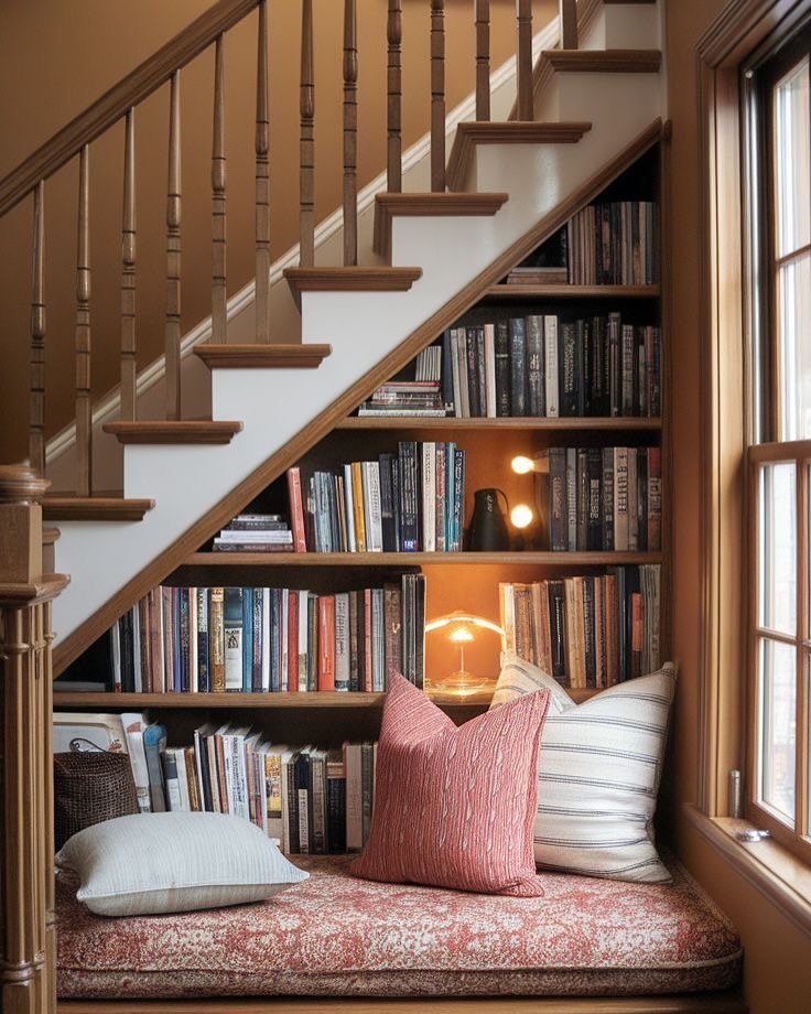 Reading nook built under a wooden staircase with integrated wood shelving, a patterned bench cushion, and three cozy throw pillows.
