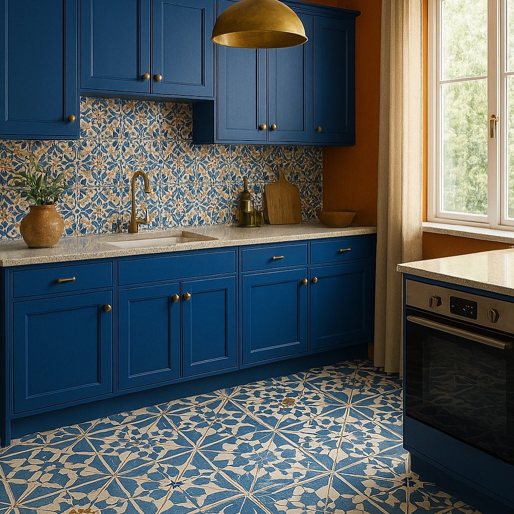 Kitchen featuring cobalt blue shaker cabinets, a busy white and blue floral patterned backsplash, and matching patterned floor tiles.