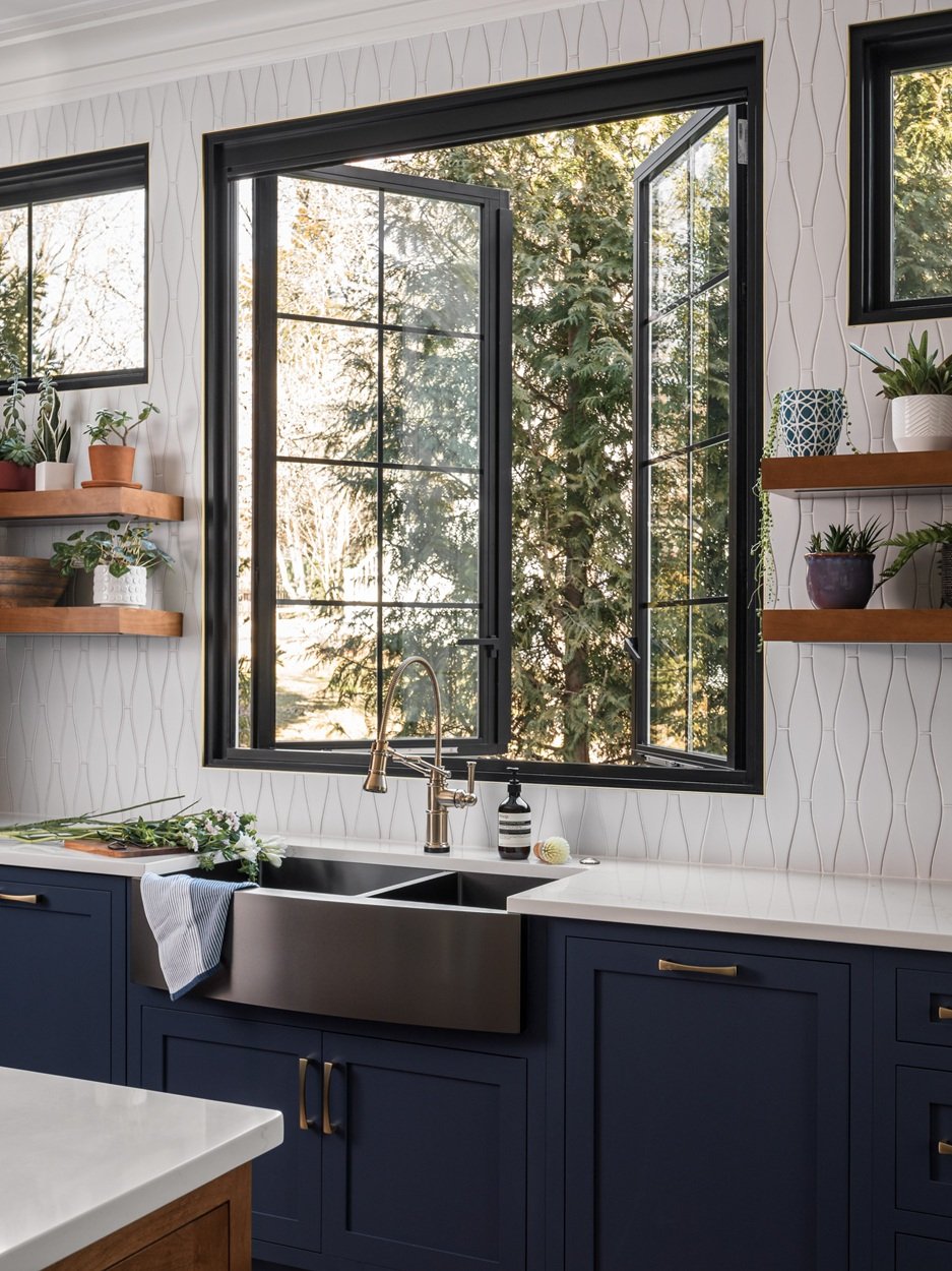 Modern kitchen with dark blue cabinets, a bronze farmhouse sink, and a large black-framed casement window open to a view of pine trees. White textured tile backsplash is visible.