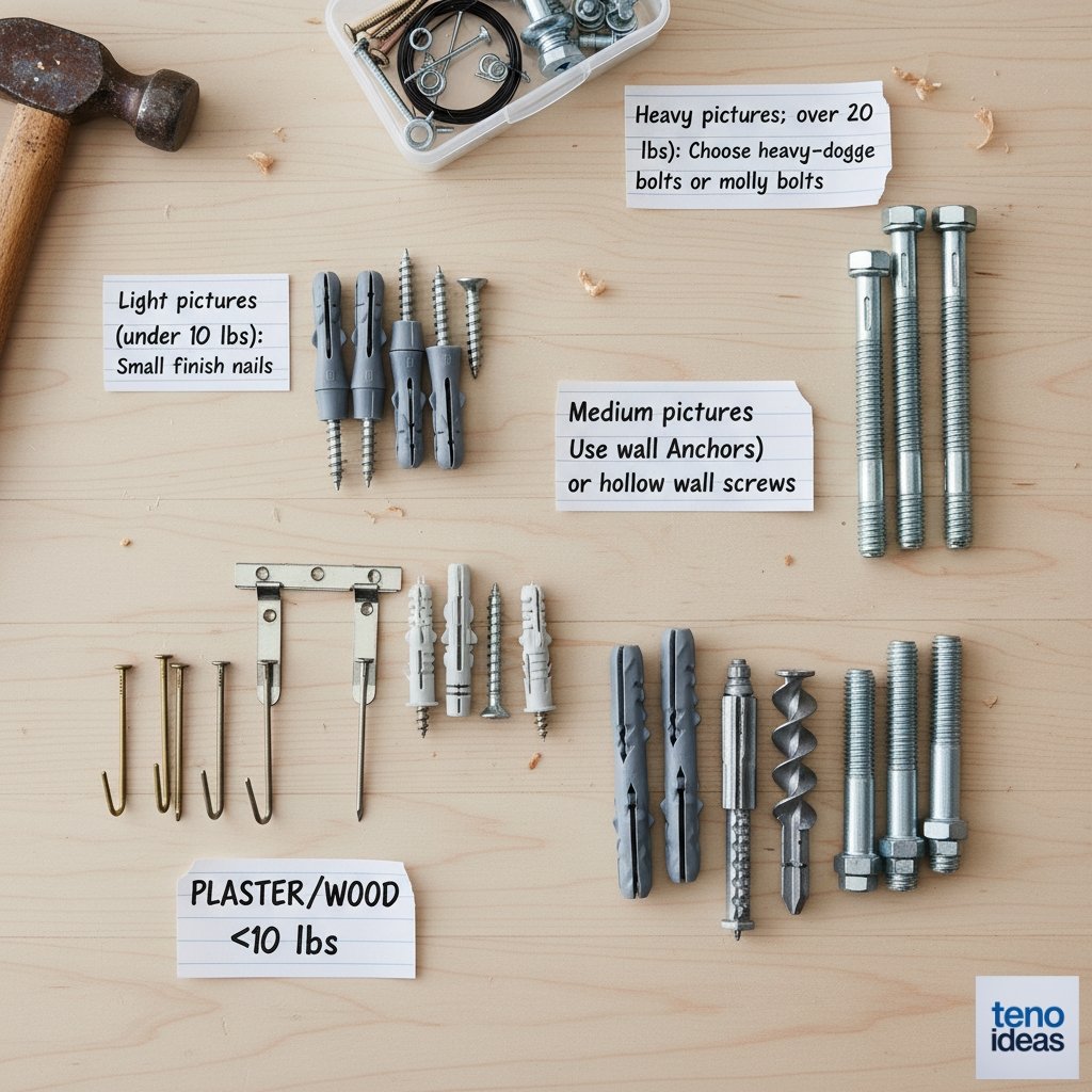 Various wall anchors, screws, and mounting hardware laid out with labels showing weight ratings and wall types