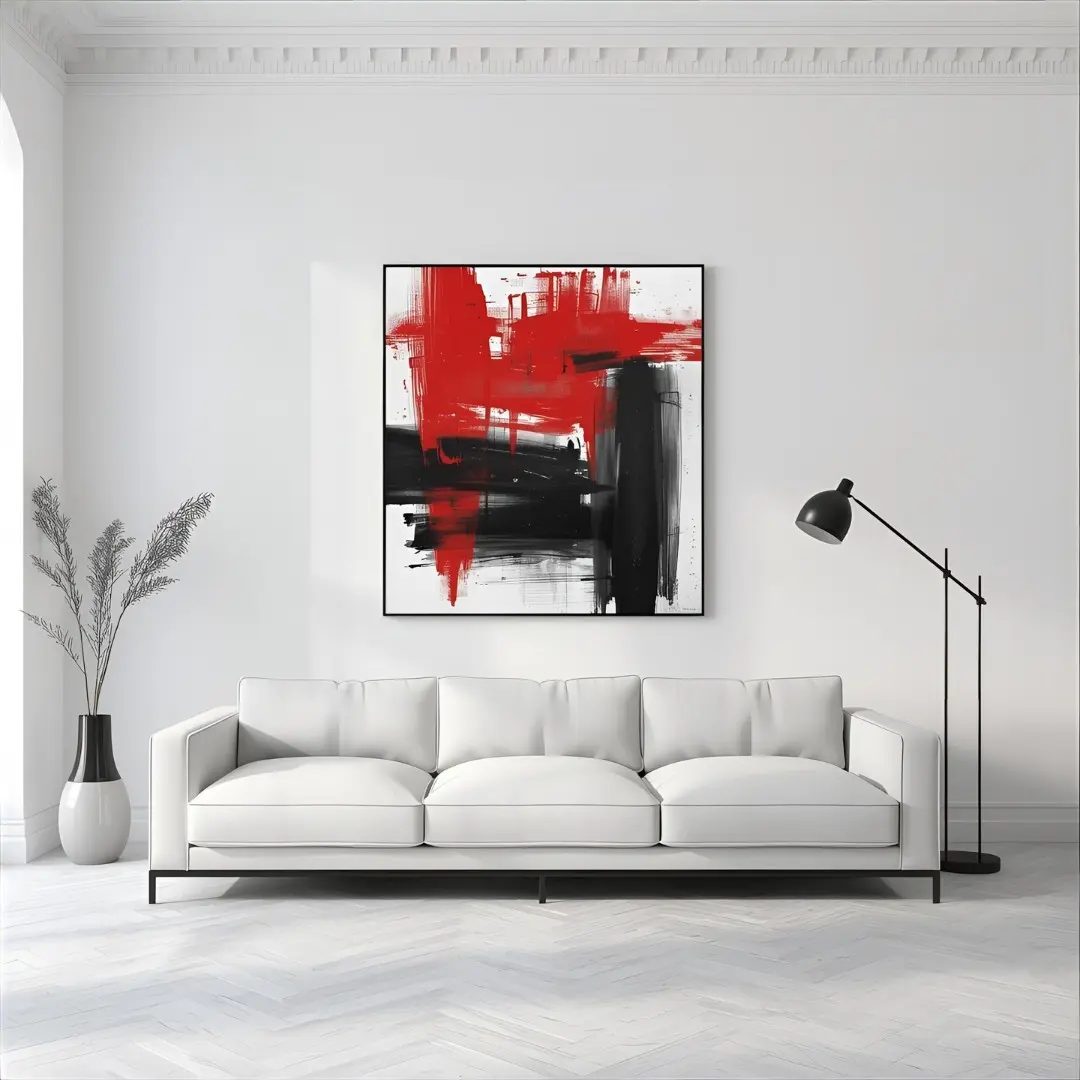 Square abstract painting with thick, expressive red and black brushstrokes, framed in black and hung above a white modern sofa.
