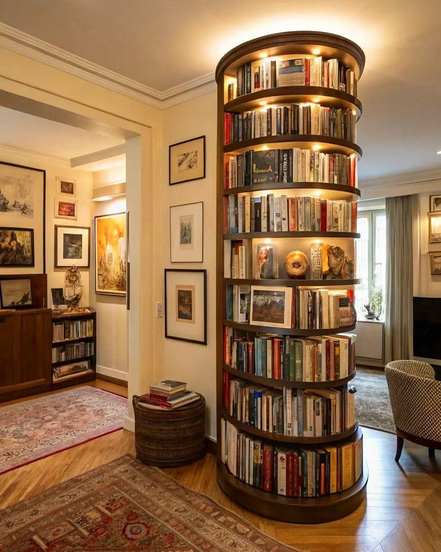 A tall, dark wood, cylindrical bookshelf that rotates, positioned in a corner, with shelves filled with books and illuminated by integrated warm LED lighting.