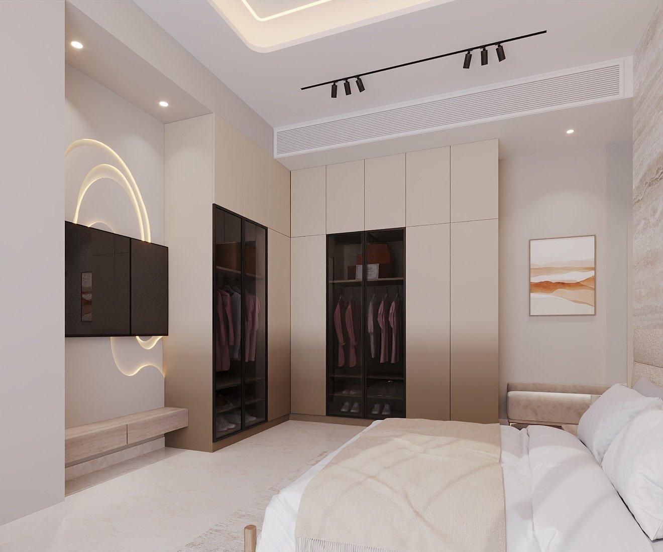 Modern built-in wardrobe in a light beige or cashmere finish, featuring handleless panels and dark, smoked glass doors for a display section.