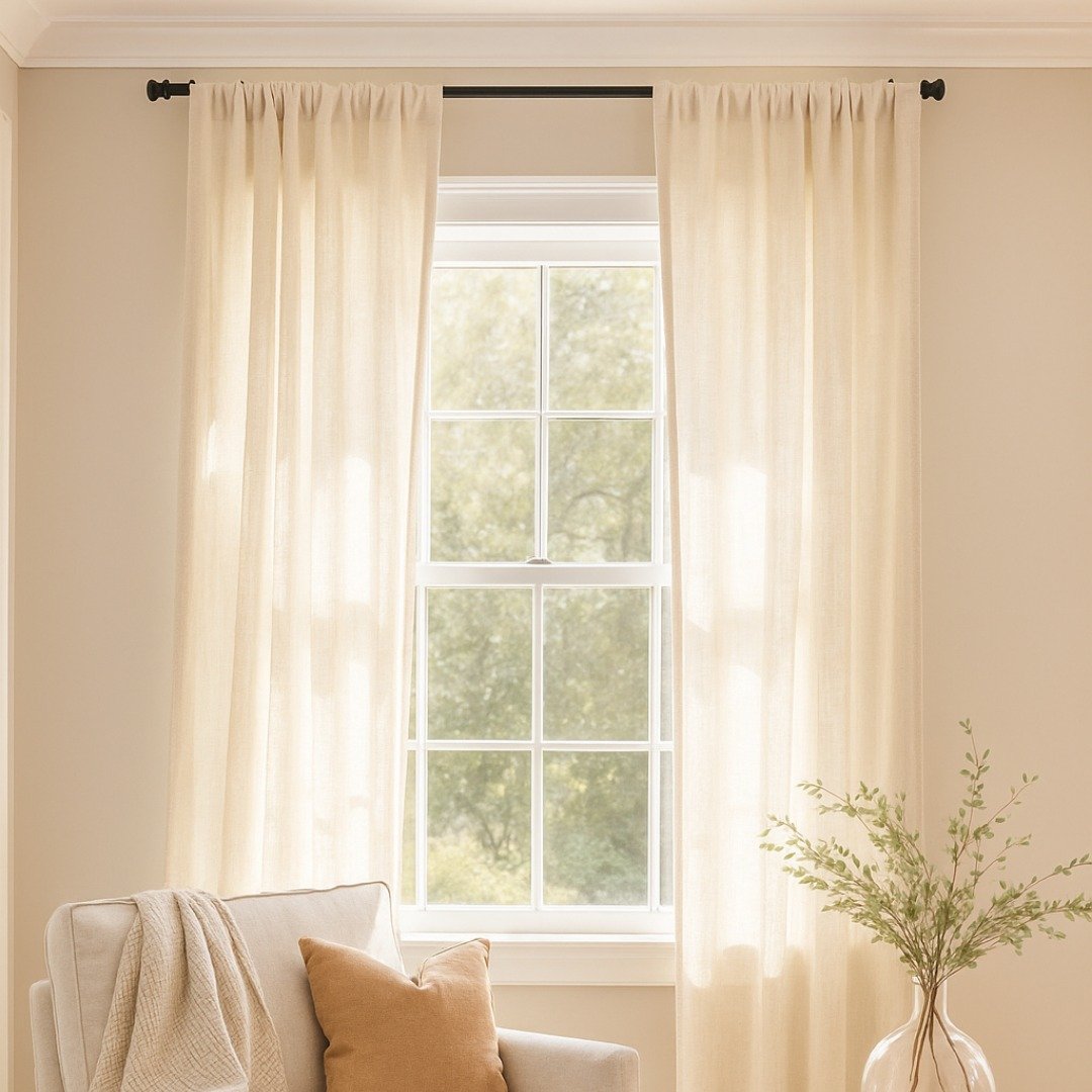 Simple, semi-sheer off-white curtain panels on a black rod, filtering light through a traditional white window.