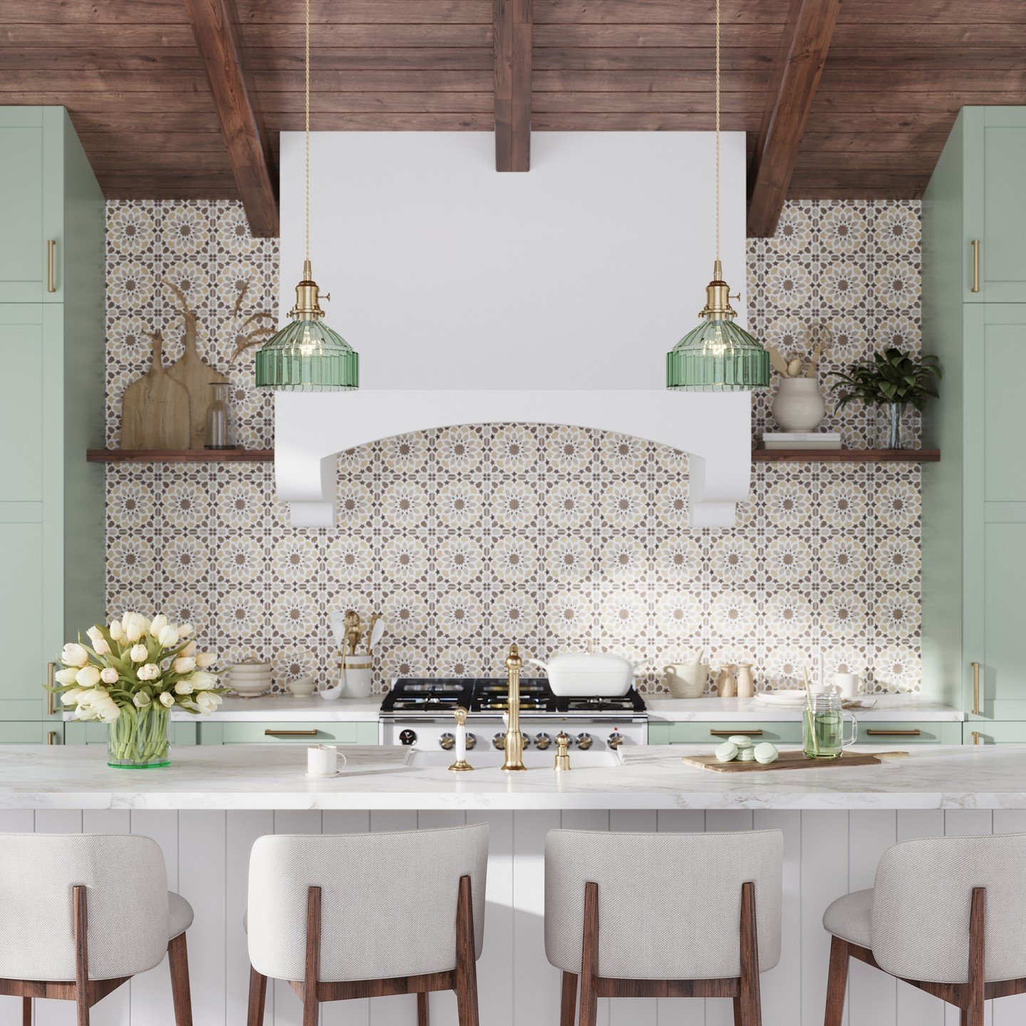 Kitchen featuring soft mint green cabinets, a dark wood plank ceiling, and a patterned backsplash with a repeating tan, white, and gold geometric medallion design.