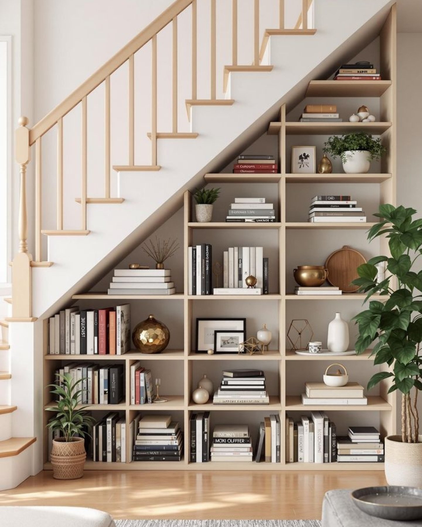 Light wood modular shelving unit under a staircase filled with books, plants, and decorative items.