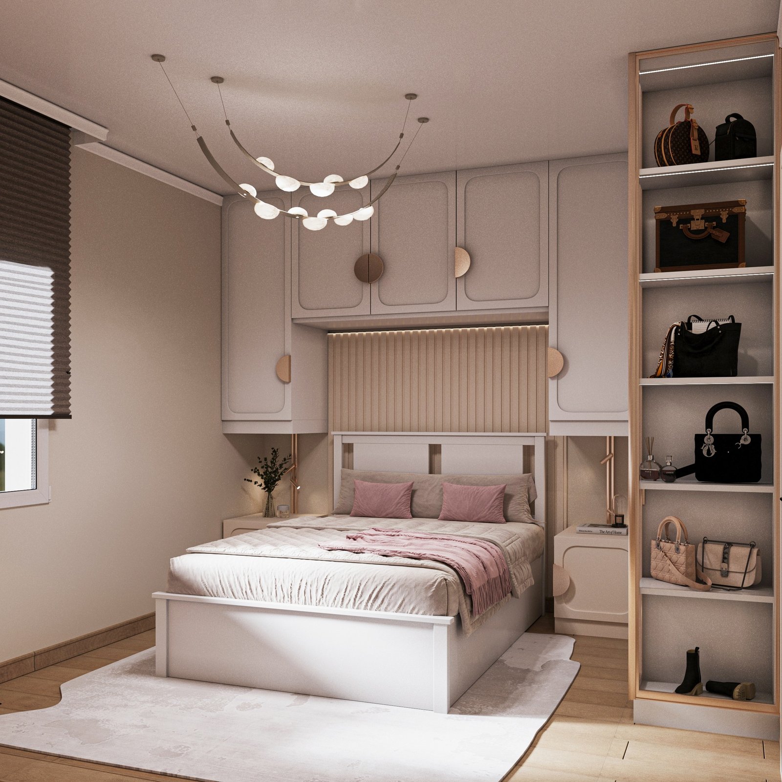 Rendered image of a feminine bedroom with soft pink accents, featuring white and beige overhead cabinets and a tall, open shelving unit dedicated to luxury bags.