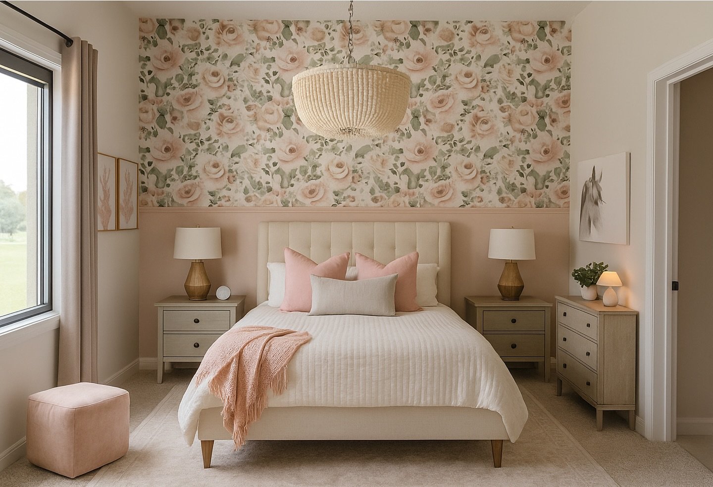 A bedroom with a half-paneled pink wall, a floral wallpaper accent, a channel-tufted headboard, and light wood furniture.