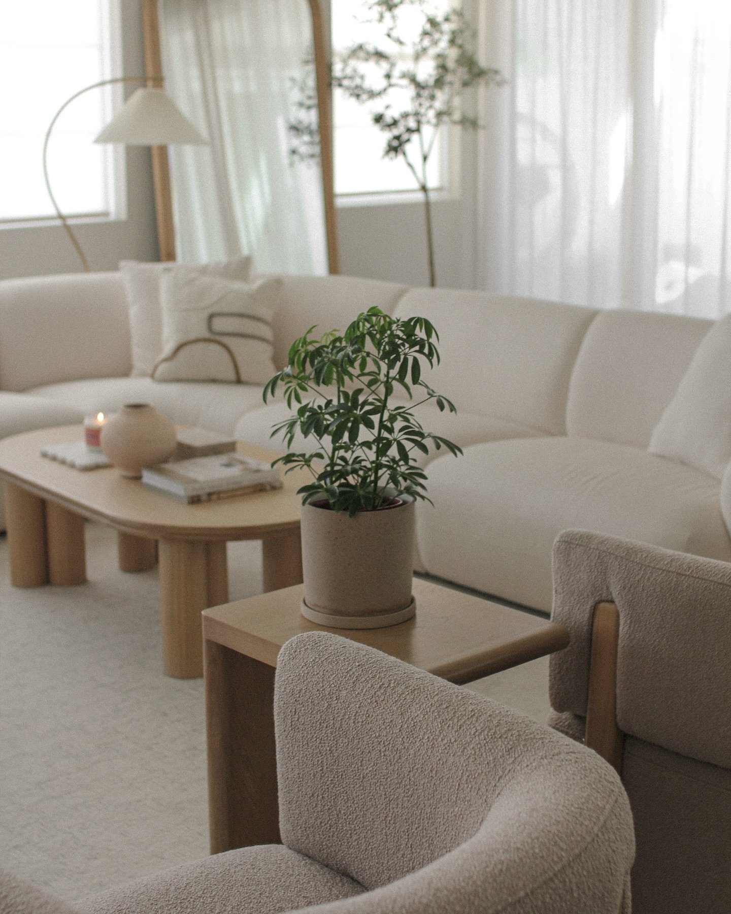 A tranquil, light beige living room featuring a curved sectional sofa, low-profile wooden coffee table with thick legs, and textural accent chairs.