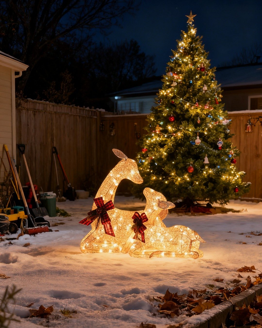 A wire-frame doe and fawn set, decorated with red bows and warm white lights, rest in the snow next to a fully decorated, illuminated outdoor Christmas tree.