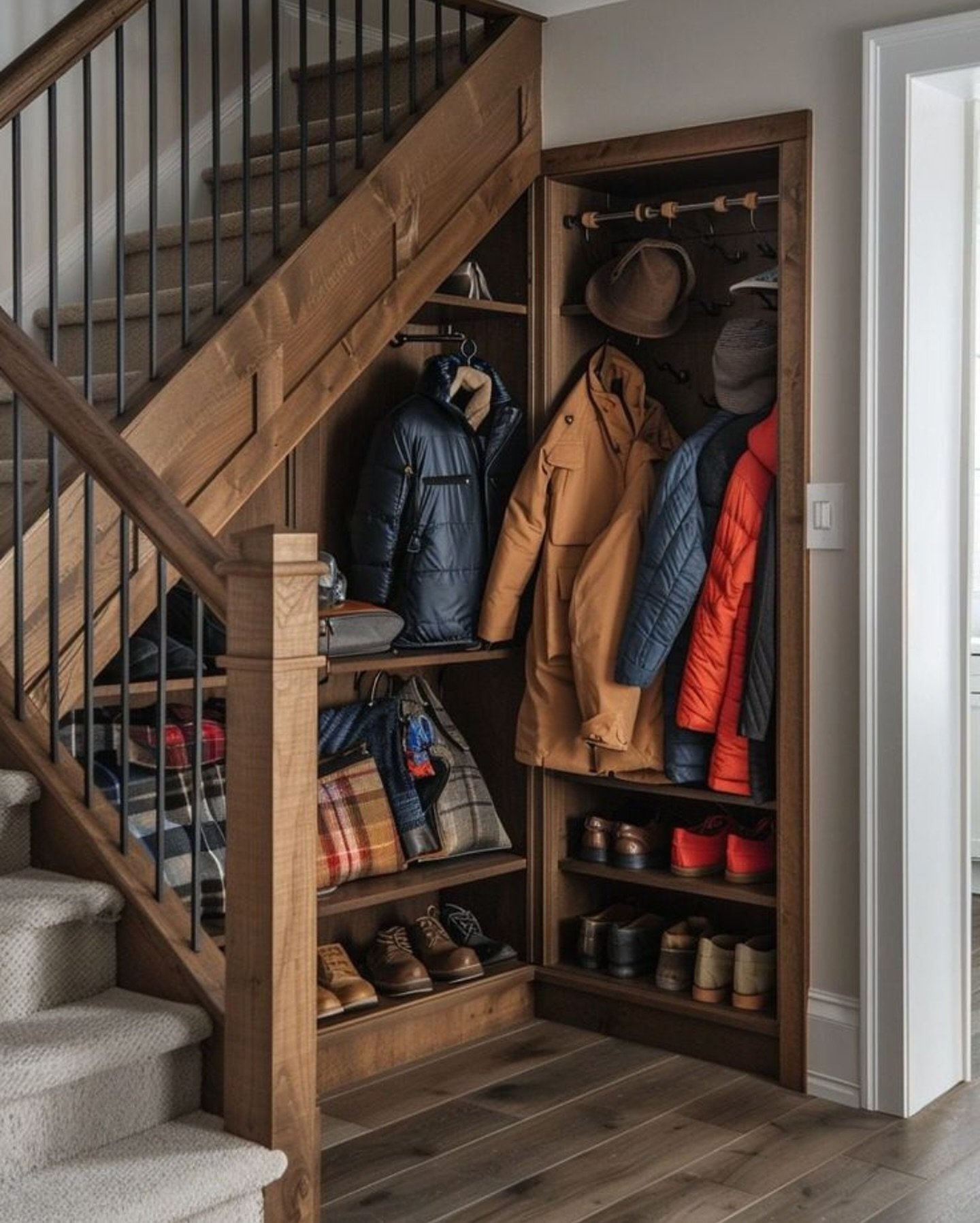 Dark wood under-stairs closet with hanging rods for coats and shelves for shoes and bags.