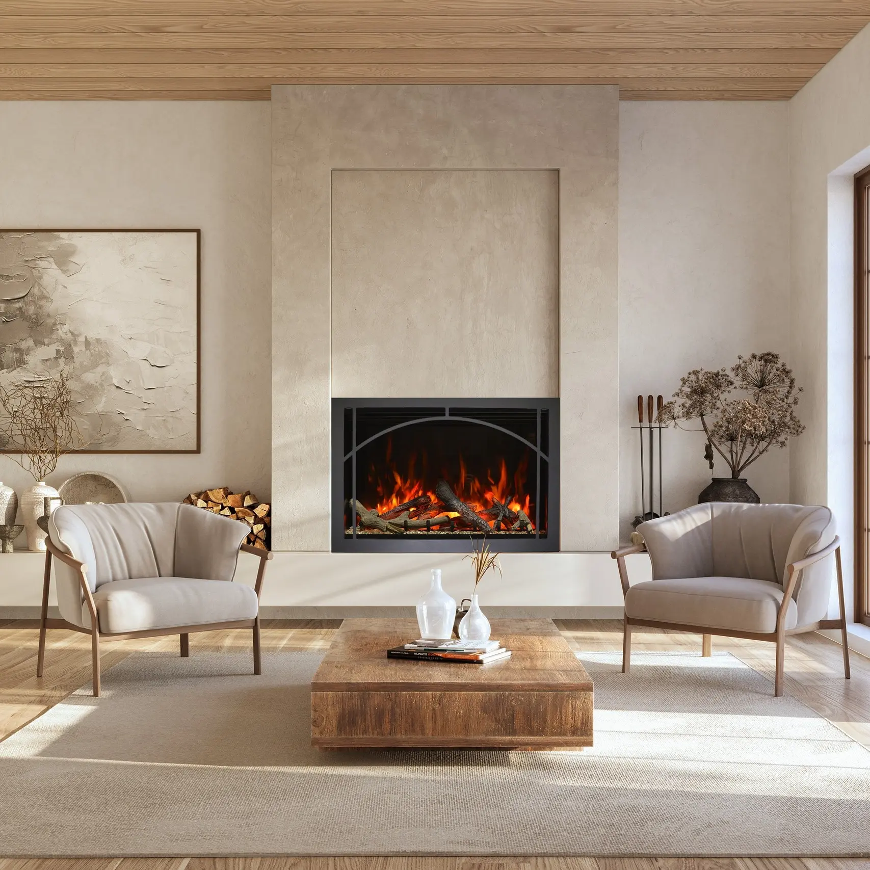 Electric fireplace with a curved, arched glass front and realistic log flame effect, set into a smooth, light beige plastered chimney breast in a room with a light wood ceiling.