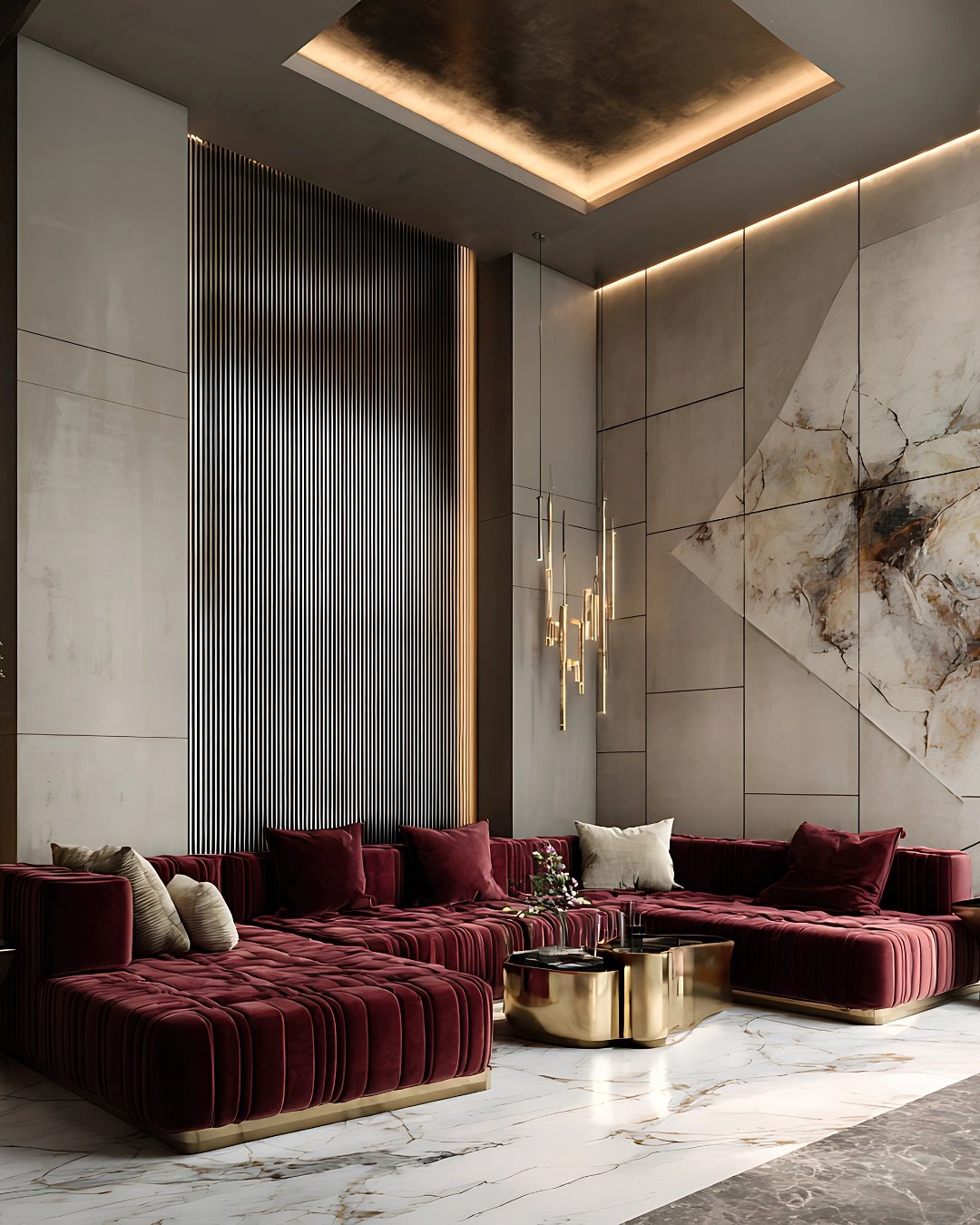 High-end living space featuring deep burgundy velvet tufted sectional sofa, brass coffee table, and large-format marble wall panels.