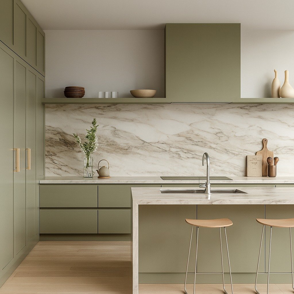 Modern kitchen featuring matte sage green cabinetry, a matching integrated hood, a veined marble backsplash and countertop, and light wood flooring.