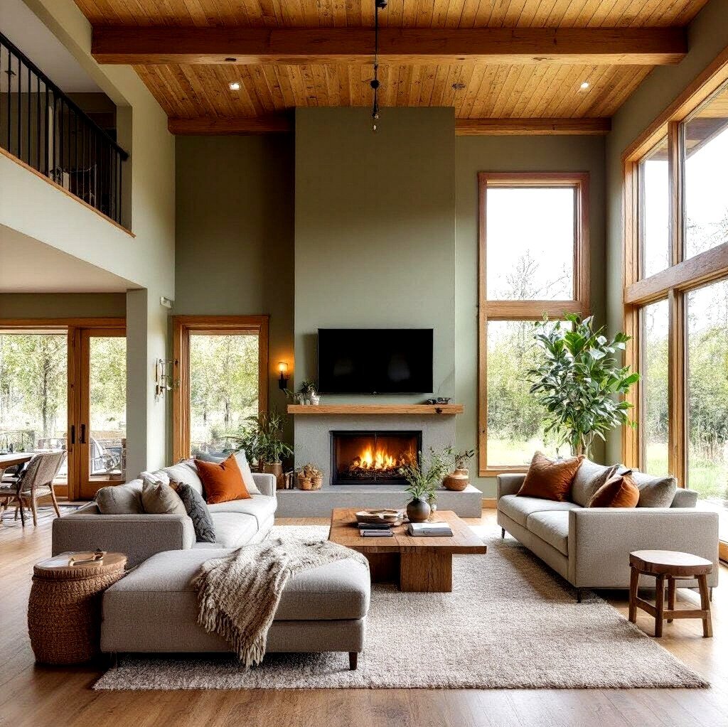 A double-height living room with an olive green fireplace wall, tall windows overlooking a forest, a light gray sectional sofa, and a warm wood plank ceiling.