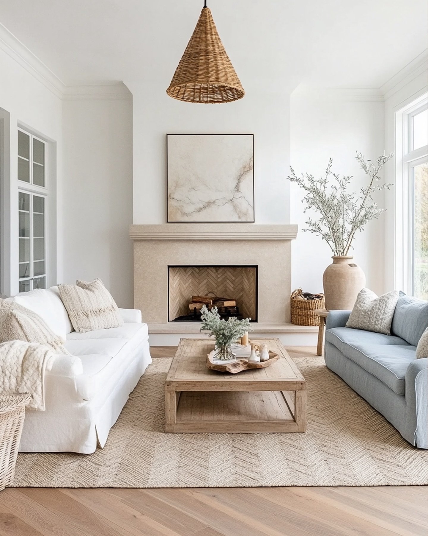 Minimalist living room with a beige stone fireplace, light wood coffee table, woven chandelier, and a large jute rug.