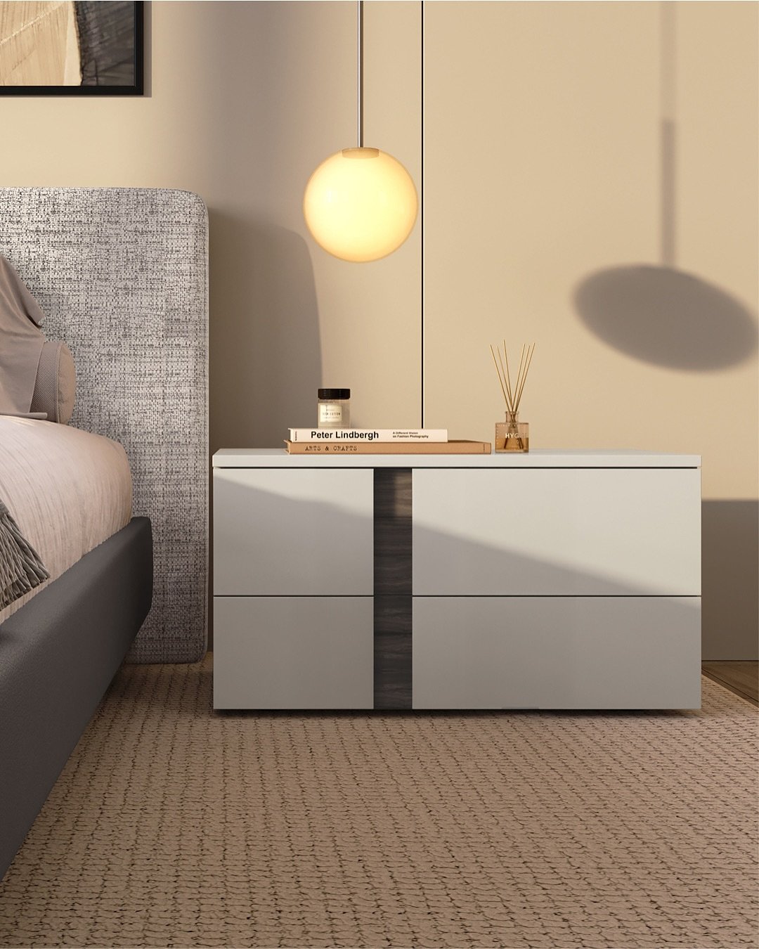 Contemporary low and wide nightstand with two drawers in a matte light gray finish, featuring a dark wood vertical accent strip.