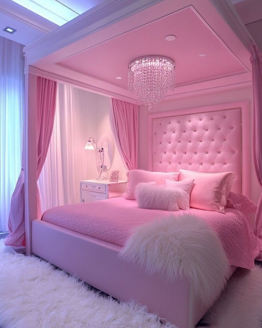 Luxurious pink bedroom featuring a platform canopy bed, a tufted pink headboard, a tiered crystal chandelier, and a white fur rug.