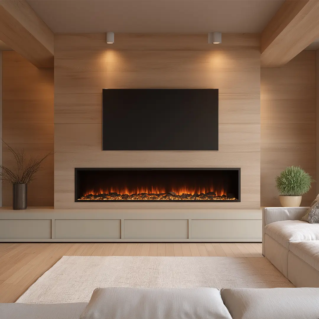 Minimalist Scandinavian living room with a feature wall paneled in light wood, an extra-wide recessed electric fireplace, a low cream media cabinet, and a black mounted TV.
