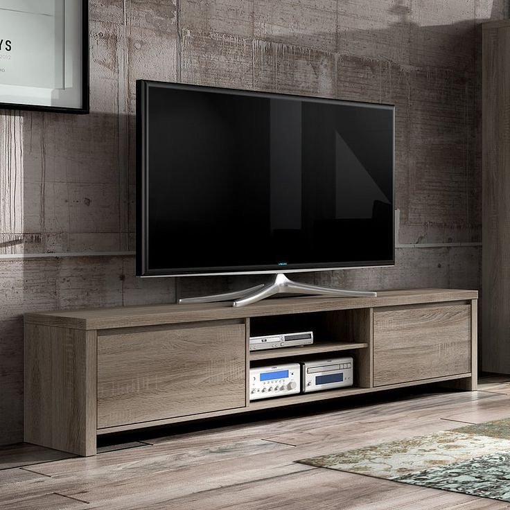 Light grey wooden TV table with two cabinets and open middle shelves