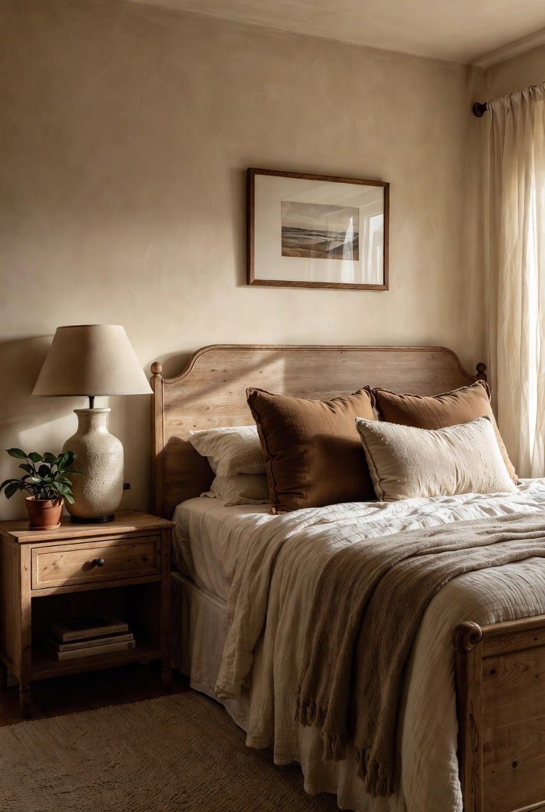 Cream bedroom featuring a wooden bed frame, brown throw pillows, and a large ceramic lamp.