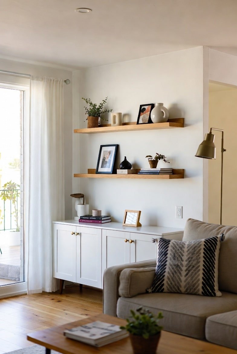 Light wood floating shelves with back lip holding frames and plants