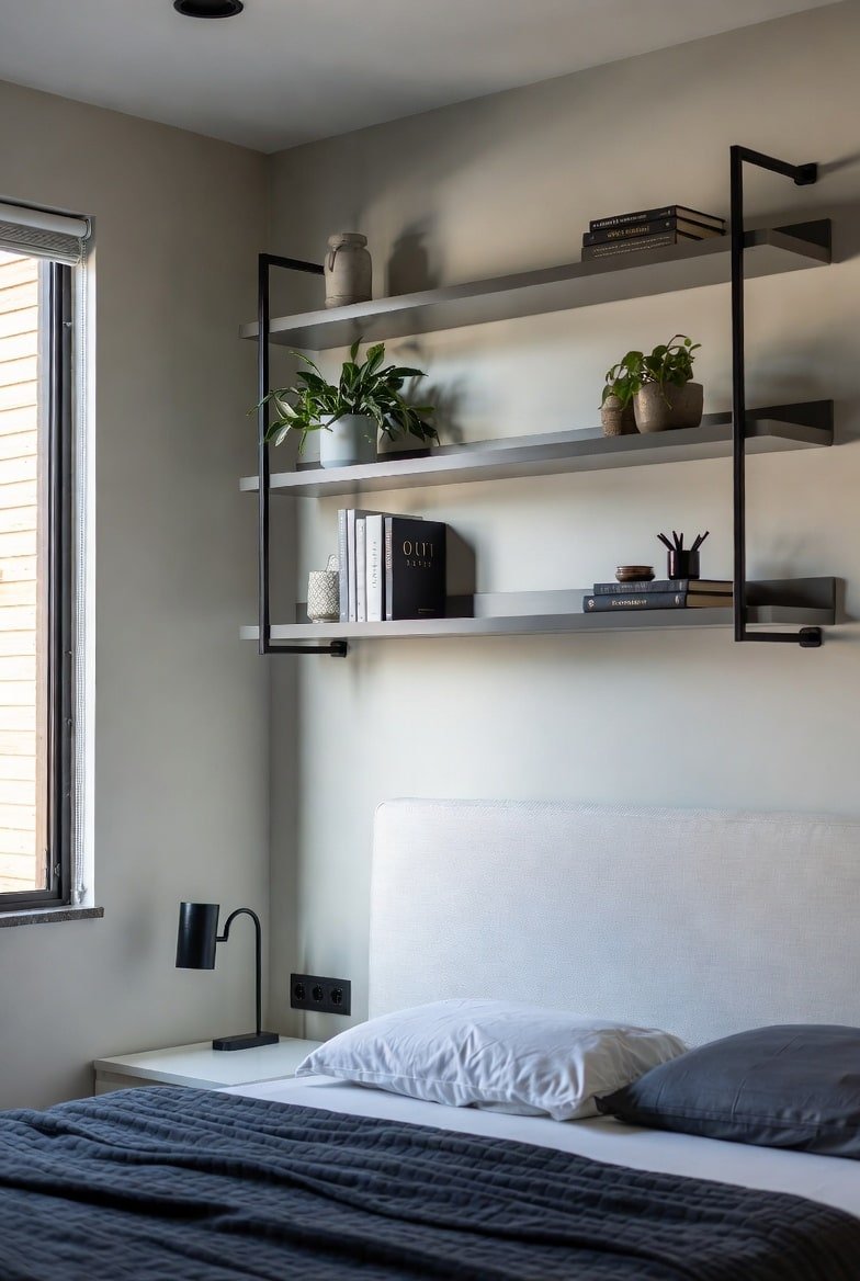 Three-tier black metal shelf unit above bed with books and plants.