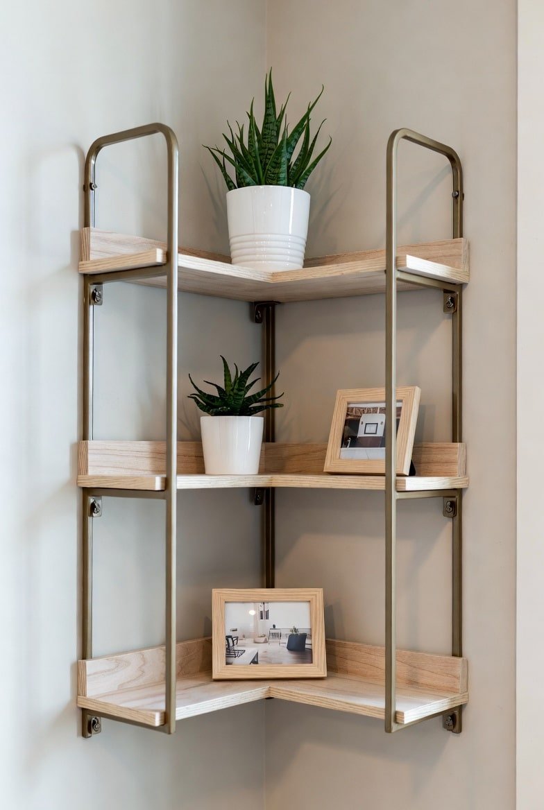 Three-tier corner wall shelf featuring a tubular gold metal frame and light wood shelves.