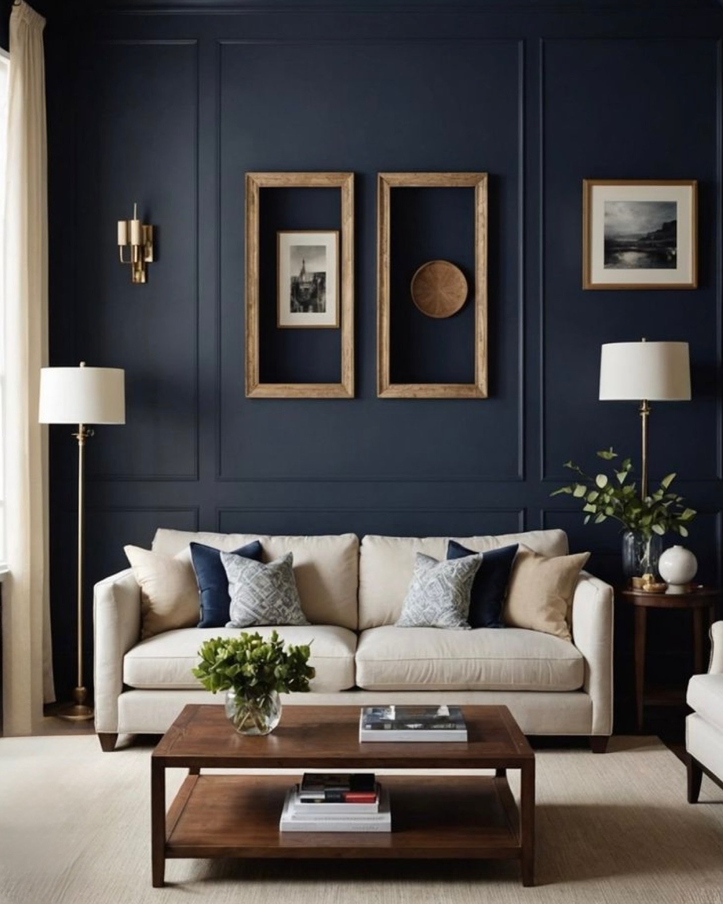 Deep navy blue living room accent wall with panel molding and rustic wooden frames