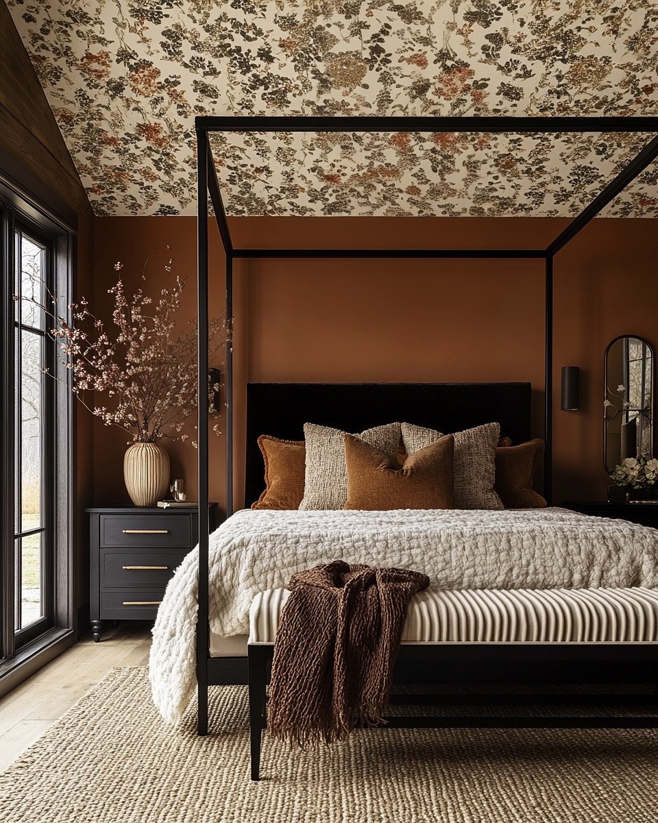 Bedroom with floral ceiling wallpaper and black canopy bed