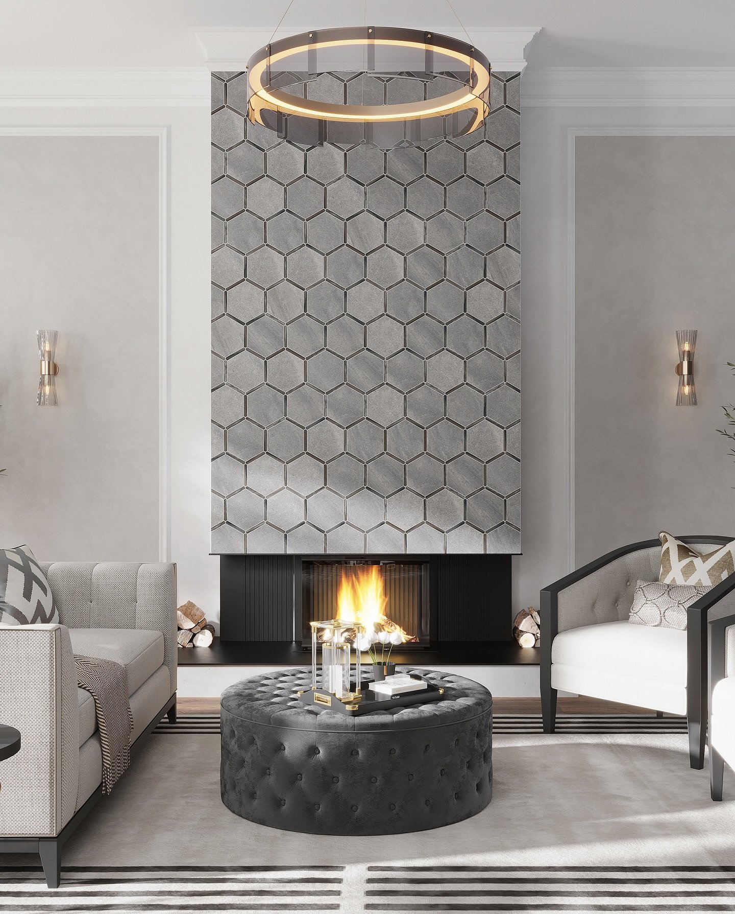 A modern living room with a floor-to-ceiling fireplace clad in large, matte gray hexagon stone tiles and a sleek black firebox.