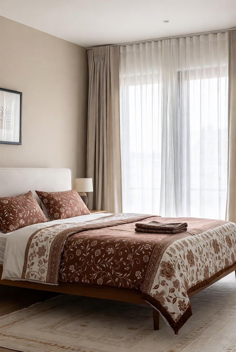 Bright bedroom featuring floral brown bedding and floor-to-ceiling curtains.
