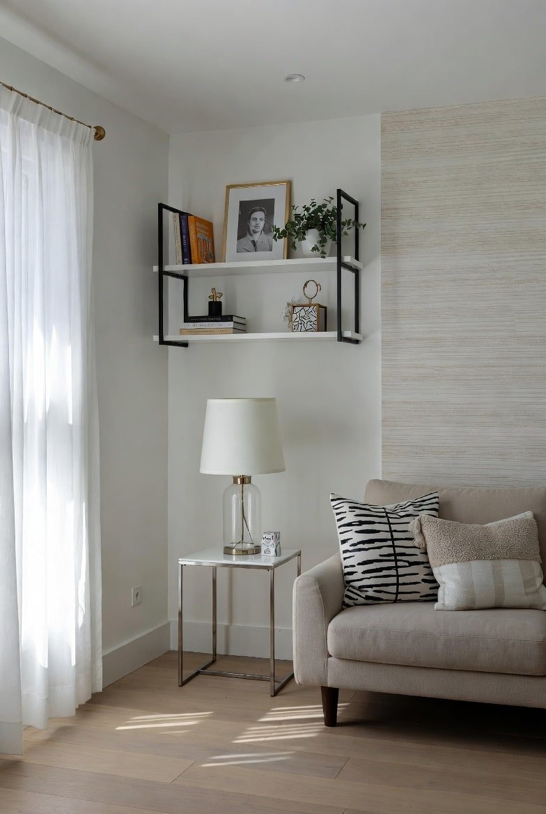 Two-tier white shelves with black metal frame mounted on corner wall