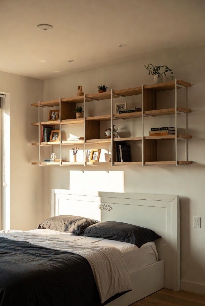 Large modular wooden shelving unit with white metal supports above bed.