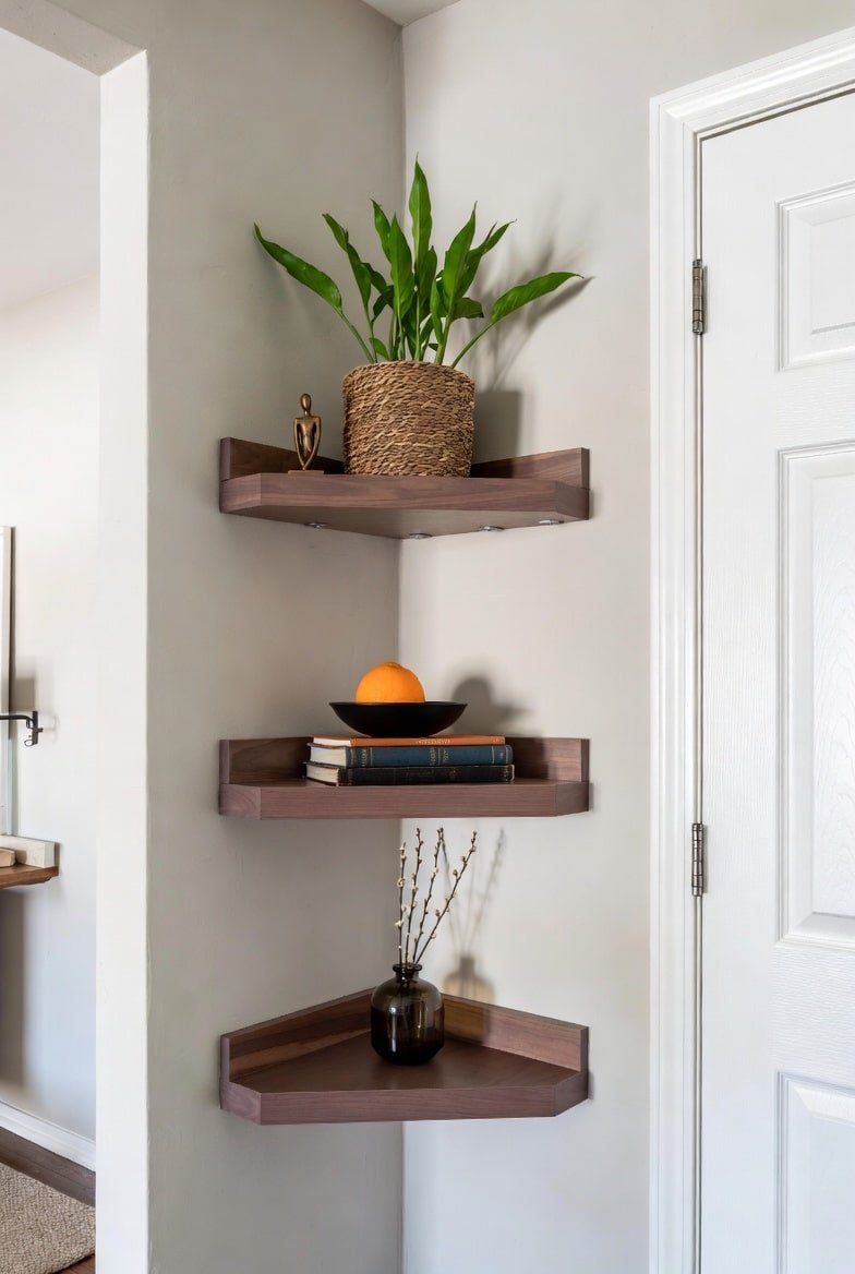 Three dark wood pentagonal corner shelves featuring built-in under-shelf puck lighting.