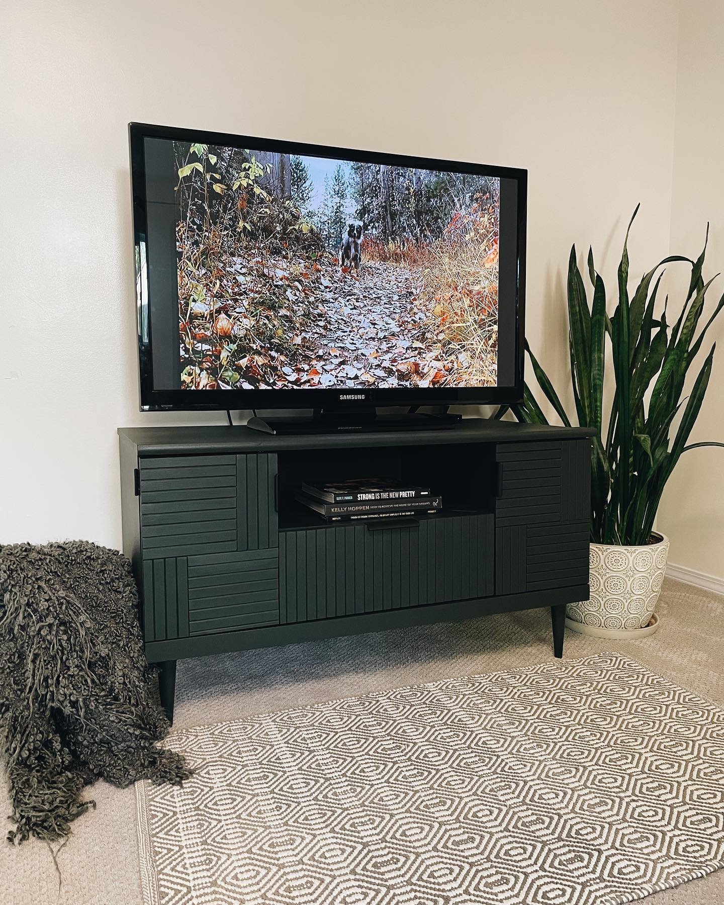 Matte black TV stand with geometric slat patterns and tapered legs