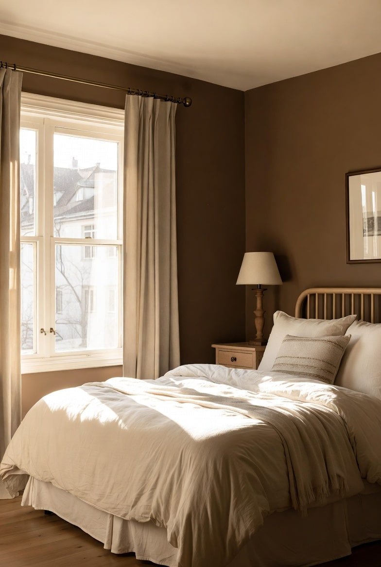 Sunny bedroom with deep brown walls, wooden spindle bed, and white bedding.