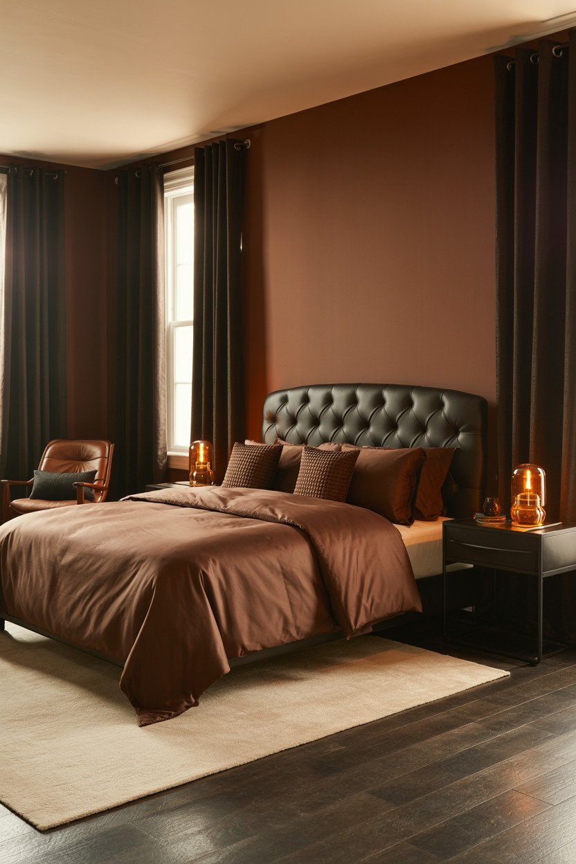 Brown bedroom with black tufted bed and amber lamps
